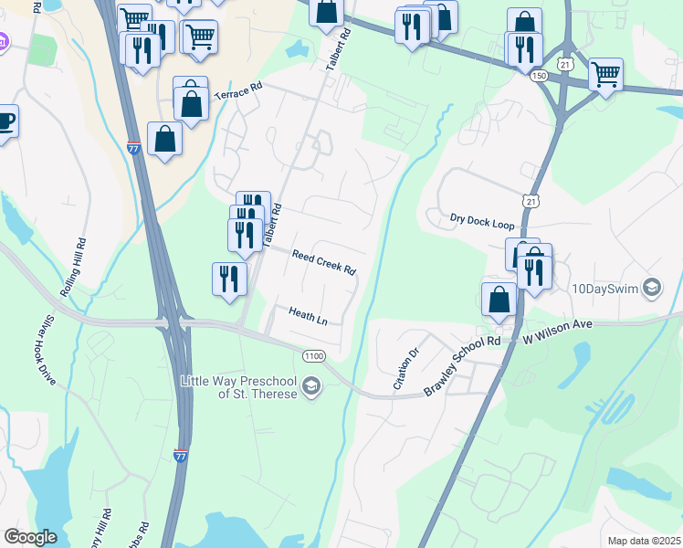 map of restaurants, bars, coffee shops, grocery stores, and more near 341 Reed Creek Road in Mooresville