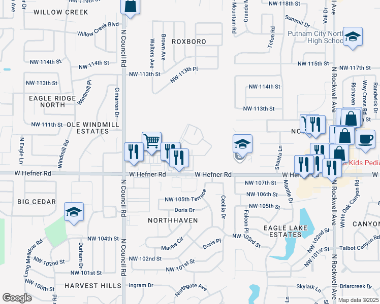 map of restaurants, bars, coffee shops, grocery stores, and more near 11100 Roxboro Avenue in Oklahoma City