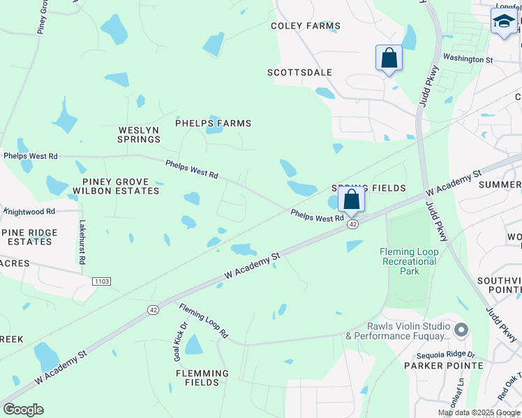 map of restaurants, bars, coffee shops, grocery stores, and more near 1211 Phelps West Road in Fuquay-Varina