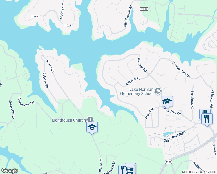 map of restaurants, bars, coffee shops, grocery stores, and more near 488 Oak Tree Road in Mooresville