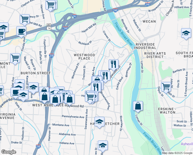 map of restaurants, bars, coffee shops, grocery stores, and more near 97 Deaver Street in Asheville