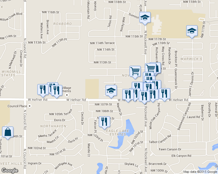 map of restaurants, bars, coffee shops, grocery stores, and more near 7309 NW 110th St in Oklahoma City