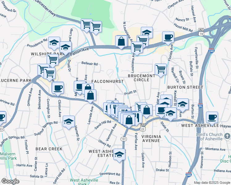 map of restaurants, bars, coffee shops, grocery stores, and more near 62 Mildred Avenue in Asheville