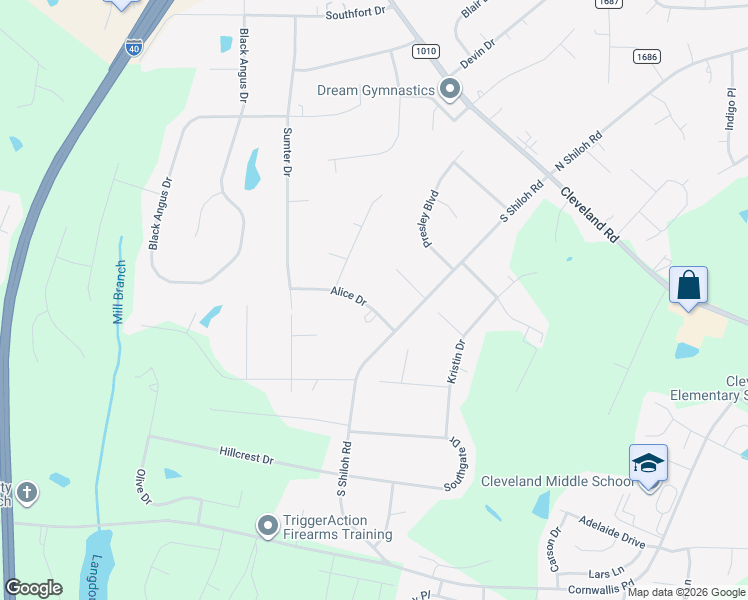 map of restaurants, bars, coffee shops, grocery stores, and more near 108 Alice Drive in Garner