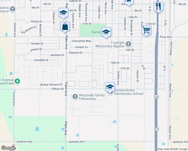 map of restaurants, bars, coffee shops, grocery stores, and more near 1840 Poplar Avenue in Wasco