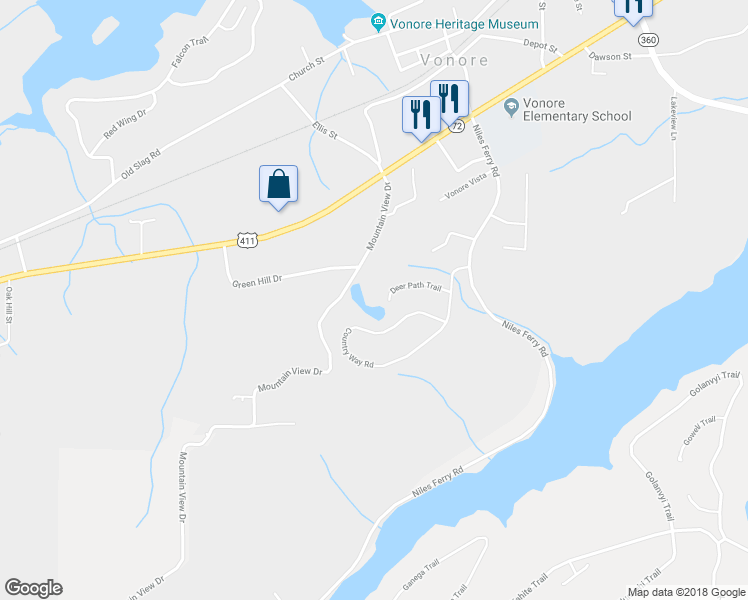 map of restaurants, bars, coffee shops, grocery stores, and more near 136 Deer Path Trail in Vonore