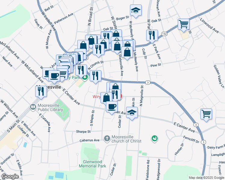 map of restaurants, bars, coffee shops, grocery stores, and more near 323 East Statesville Avenue in Mooresville