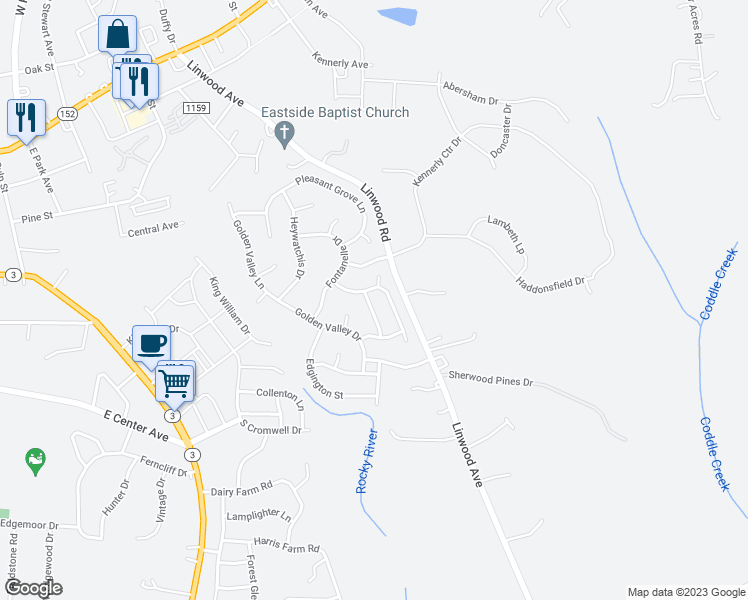 map of restaurants, bars, coffee shops, grocery stores, and more near 107 Lacona Trace in Mooresville