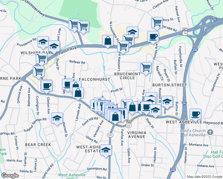 map of restaurants, bars, coffee shops, grocery stores, and more near 33 Pruitt Street in Asheville