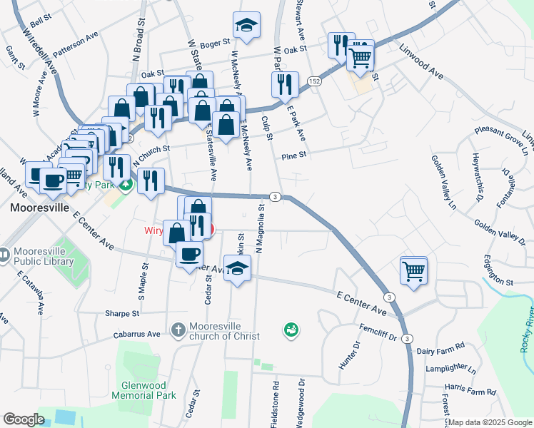 map of restaurants, bars, coffee shops, grocery stores, and more near 221 North Magnolia Street in Mooresville