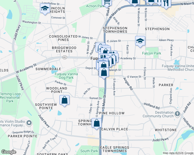 map of restaurants, bars, coffee shops, grocery stores, and more near 302 Spring Avenue in Fuquay-Varina