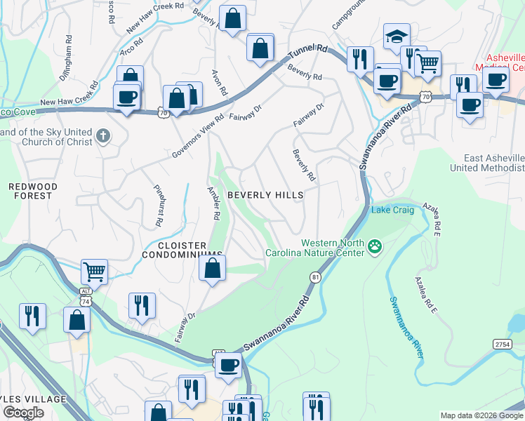 map of restaurants, bars, coffee shops, grocery stores, and more near 28 Kensington Drive in Asheville