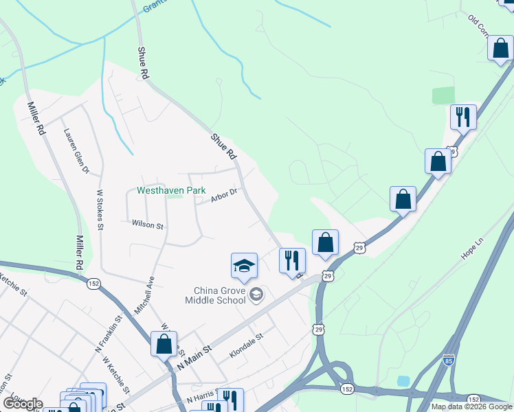 map of restaurants, bars, coffee shops, grocery stores, and more near 400 Shue Road in China Grove
