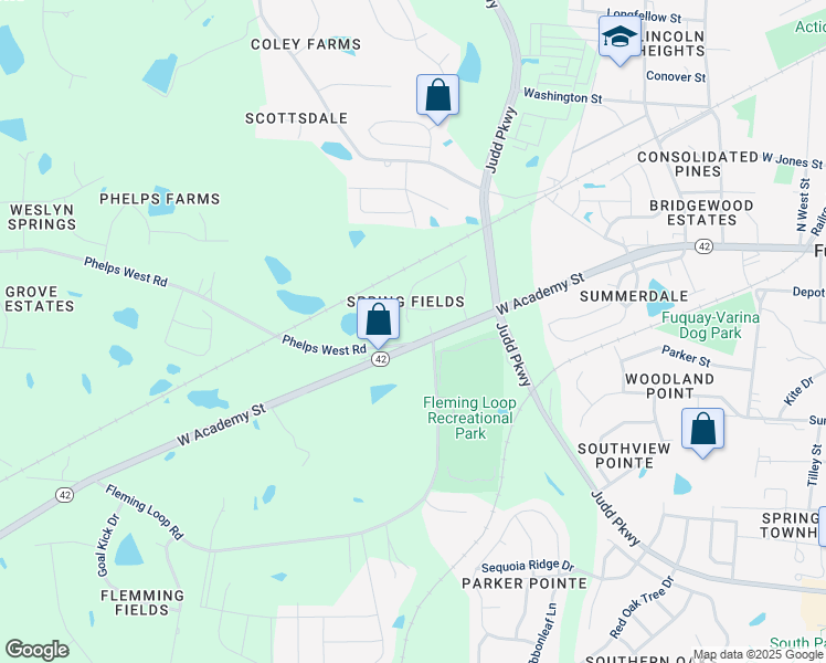 map of restaurants, bars, coffee shops, grocery stores, and more near 905 Nakina Drive in Fuquay-Varina