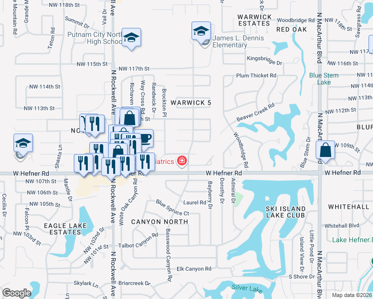 map of restaurants, bars, coffee shops, grocery stores, and more near 6601 Northwest 109th Street in Oklahoma City
