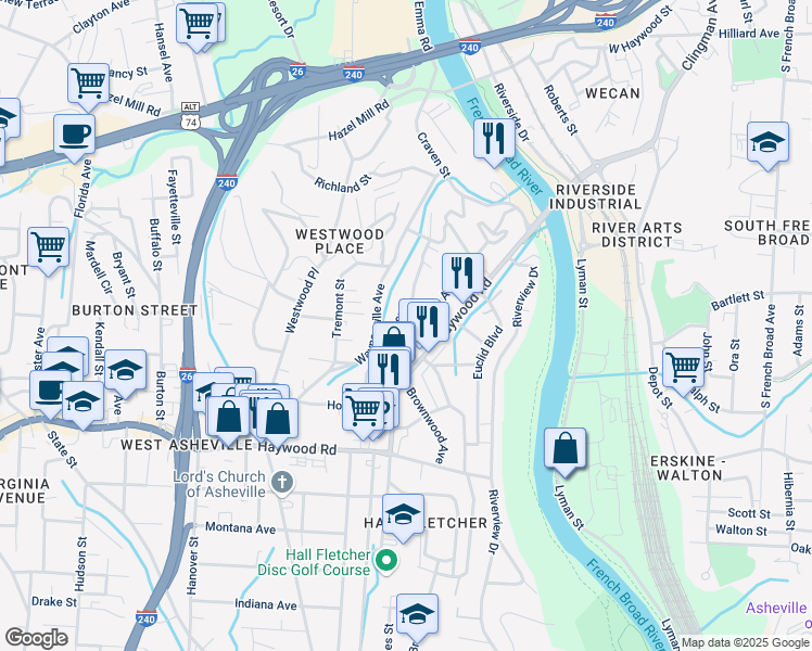 map of restaurants, bars, coffee shops, grocery stores, and more near 160 Logan Avenue in Asheville