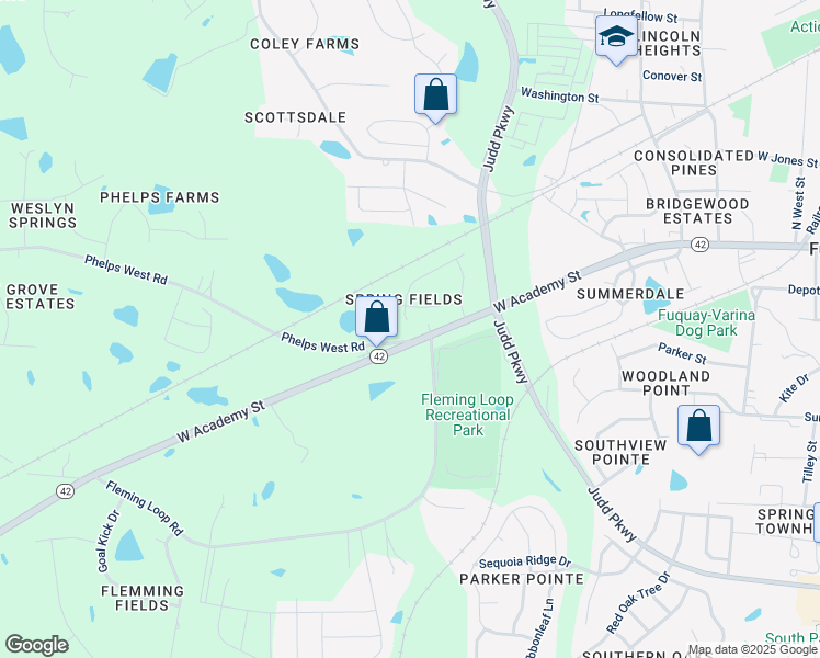 map of restaurants, bars, coffee shops, grocery stores, and more near 905 Nakina Drive in Fuquay-Varina