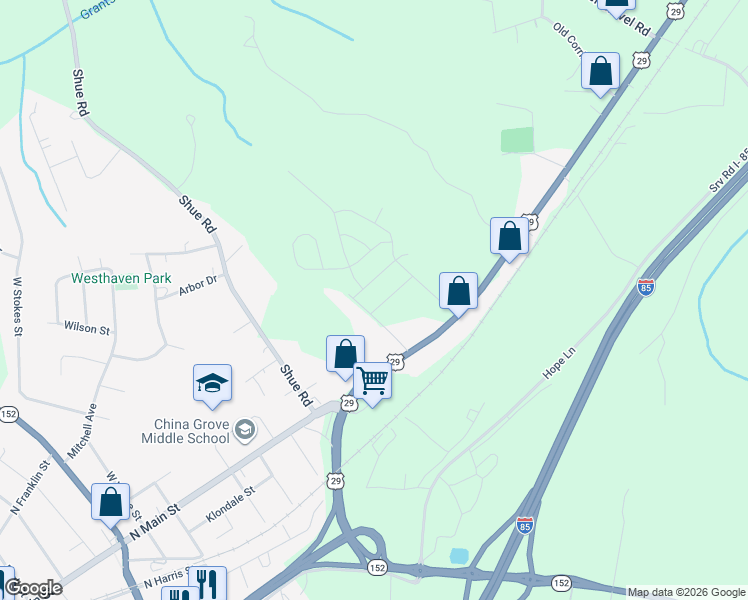 map of restaurants, bars, coffee shops, grocery stores, and more near 215 Red Fox Lane in China Grove
