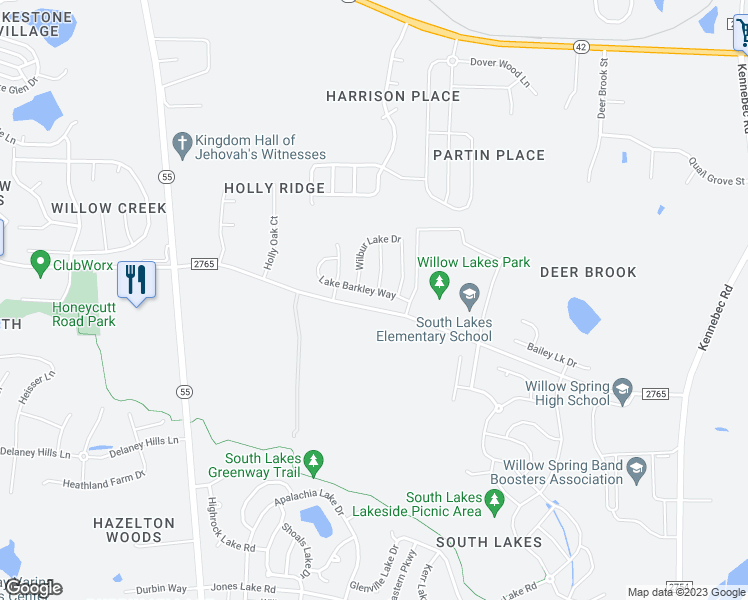 map of restaurants, bars, coffee shops, grocery stores, and more near 3120 Lake Barkley Way in Fuquay-Varina