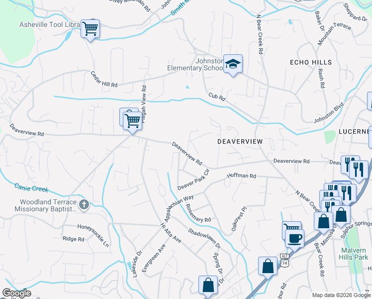 map of restaurants, bars, coffee shops, grocery stores, and more near 100 Deaver Park Circle in Asheville