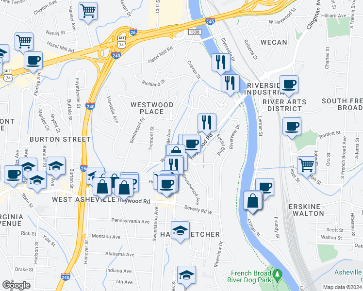 map of restaurants, bars, coffee shops, grocery stores, and more near 160 Logan Avenue in Asheville