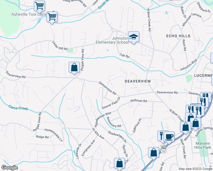 map of restaurants, bars, coffee shops, grocery stores, and more near 100 Deaver Park Circle in Asheville