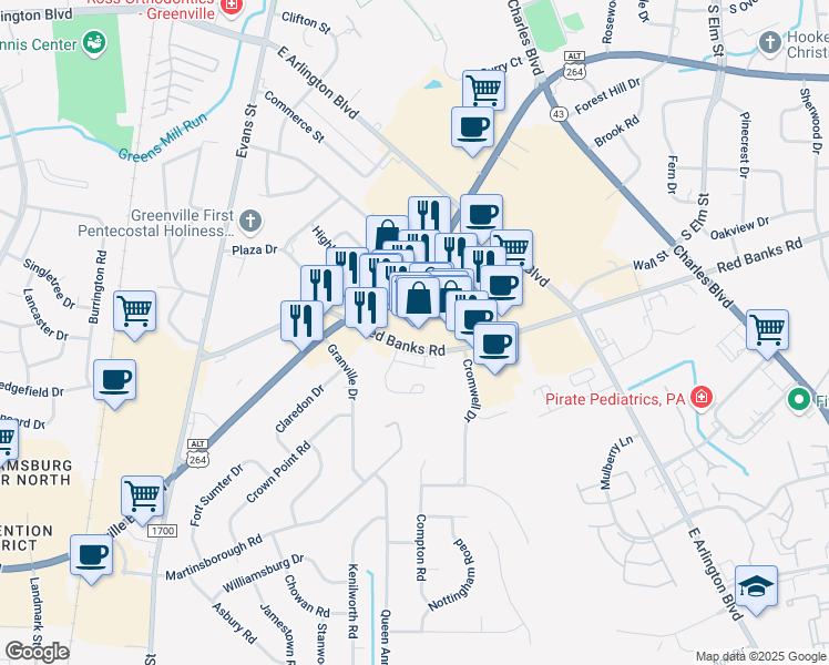 map of restaurants, bars, coffee shops, grocery stores, and more near 505 Red Banks Road in Greenville