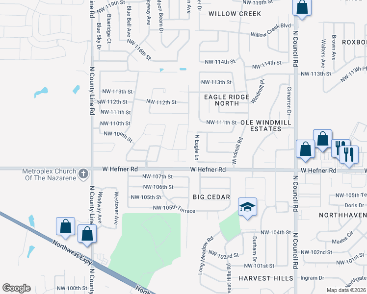 map of restaurants, bars, coffee shops, grocery stores, and more near 8509 Northwest 109th Street in Oklahoma City