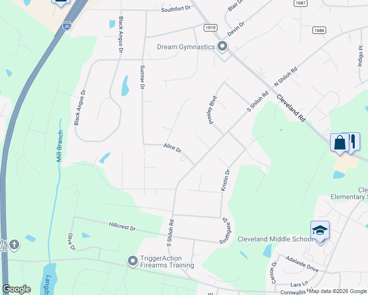 map of restaurants, bars, coffee shops, grocery stores, and more near 108 Alice Drive in Garner