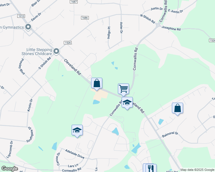 map of restaurants, bars, coffee shops, grocery stores, and more near 10556 Cleveland Road in Garner