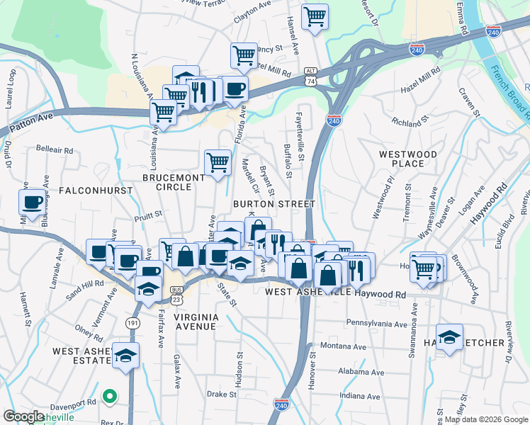 map of restaurants, bars, coffee shops, grocery stores, and more near 5 Regan Lane in Asheville