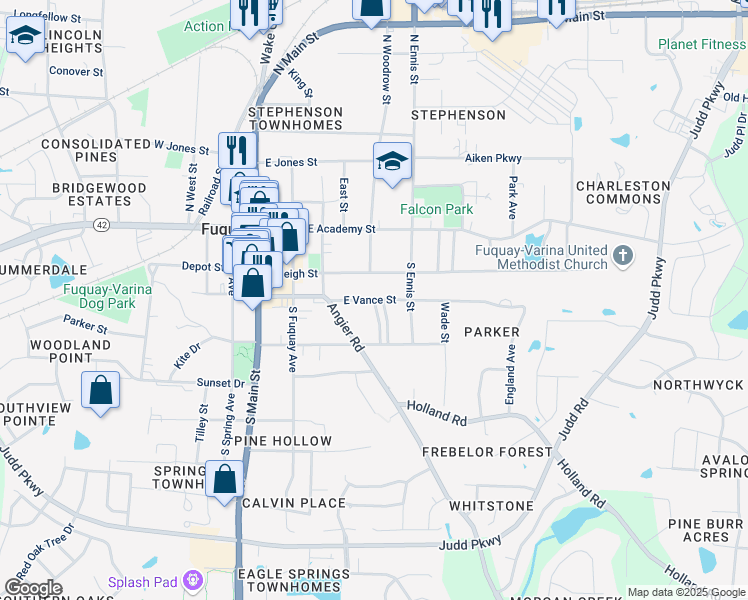 map of restaurants, bars, coffee shops, grocery stores, and more near 321 East Vance Street in Fuquay Varina