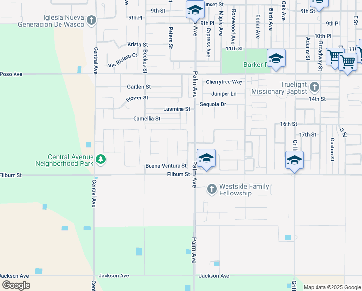 map of restaurants, bars, coffee shops, grocery stores, and more near 1850 Ventura Court in Wasco