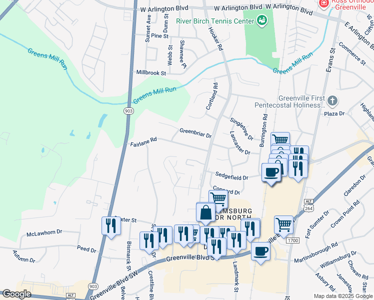 map of restaurants, bars, coffee shops, grocery stores, and more near 109 Fairlane Road in Greenville