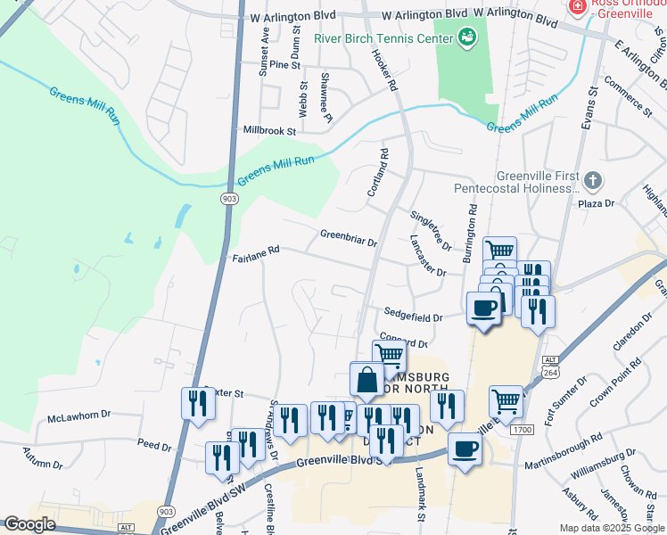 map of restaurants, bars, coffee shops, grocery stores, and more near 109 Fairlane Road in Greenville