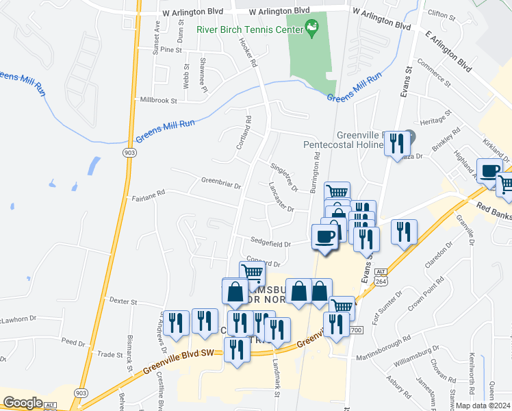 map of restaurants, bars, coffee shops, grocery stores, and more near 104 Cambridge Road in Greenville