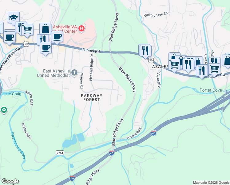 map of restaurants, bars, coffee shops, grocery stores, and more near 5 Sourwood Lane in Asheville