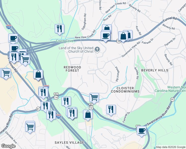 map of restaurants, bars, coffee shops, grocery stores, and more near 136 Governors View Road in Asheville