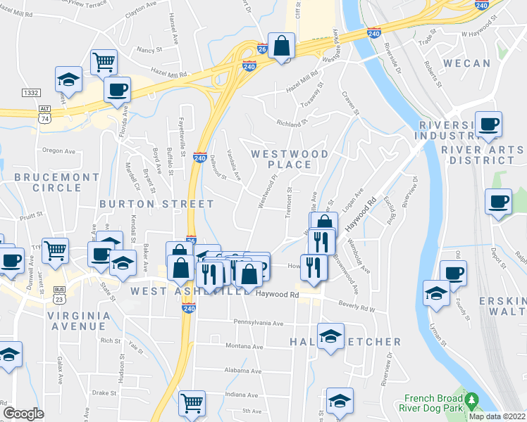 map of restaurants, bars, coffee shops, grocery stores, and more near 87 Westwood Place in Asheville