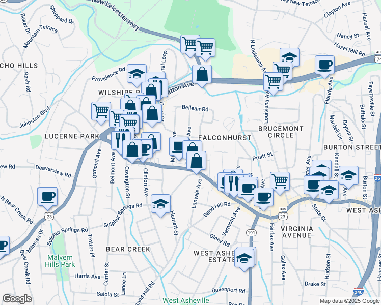 map of restaurants, bars, coffee shops, grocery stores, and more near 100 Pace Lane in Asheville