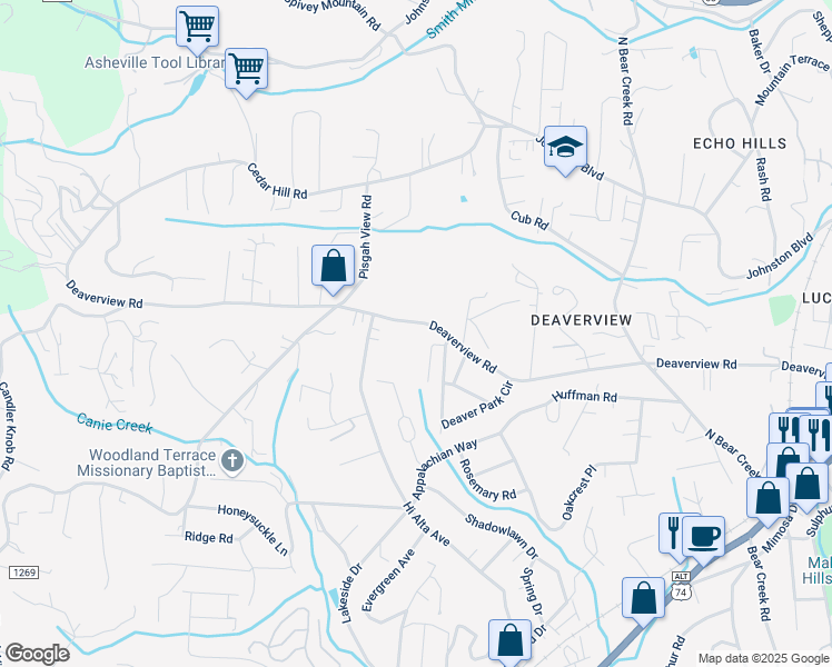 map of restaurants, bars, coffee shops, grocery stores, and more near 436 Deaverview Road in Asheville