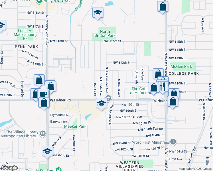 map of restaurants, bars, coffee shops, grocery stores, and more near 11009 North Blackwelder Avenue in Oklahoma City