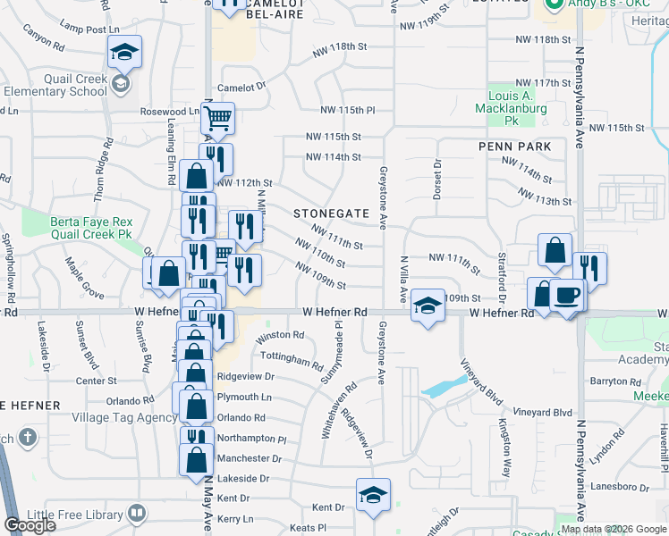 map of restaurants, bars, coffee shops, grocery stores, and more near 2609 Northwest 109th Street in Oklahoma City