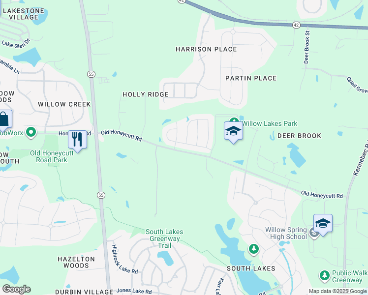 map of restaurants, bars, coffee shops, grocery stores, and more near 3016 Lake Glen Drive in Fuquay-Varina