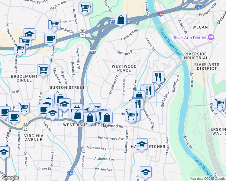 map of restaurants, bars, coffee shops, grocery stores, and more near 15 Ezelle Street in Asheville