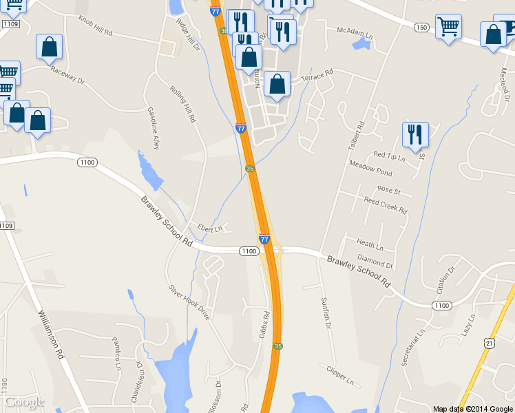 map of restaurants, bars, coffee shops, grocery stores, and more near Interstate 77 in Mooresville