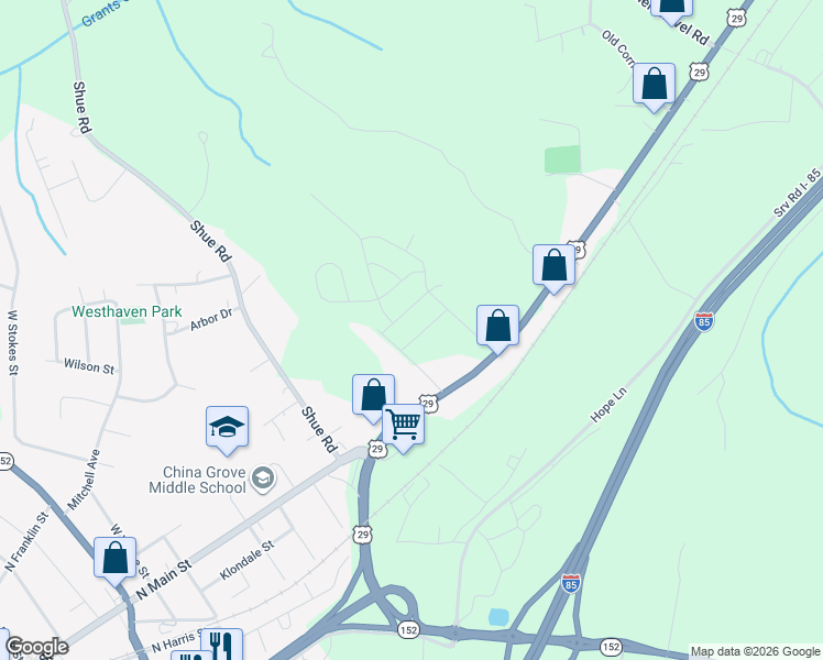 map of restaurants, bars, coffee shops, grocery stores, and more near 215 Red Fox Lane in China Grove