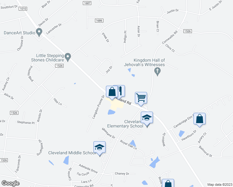 map of restaurants, bars, coffee shops, grocery stores, and more near 10490 Cleveland Road in Garner