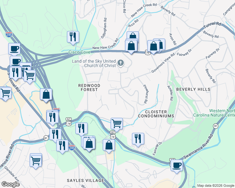 map of restaurants, bars, coffee shops, grocery stores, and more near 136 Governors View Road in Asheville