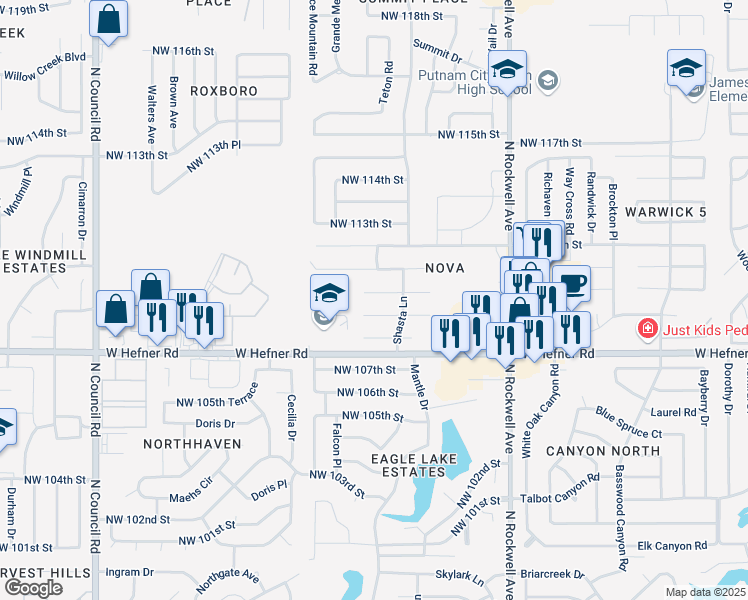 map of restaurants, bars, coffee shops, grocery stores, and more near 7309 Northwest 110th Street in Oklahoma City